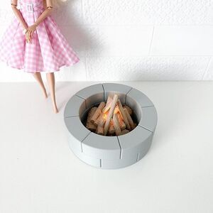 Gray Miniature Round Firepit W/Flickering Logs for Barbie 1:6 Scale Realistic